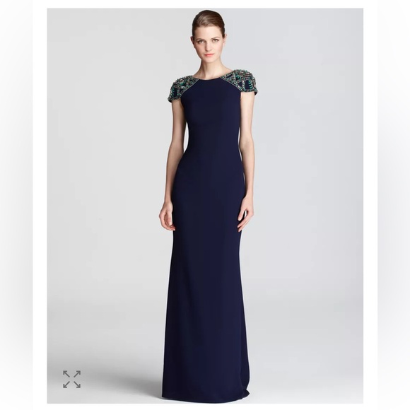 Badgley Mischka Dresses & Skirts - Badgely Mischka Long Navy Blue Evening Gown Size 10 Beaded Cap Sleeve Mini Train